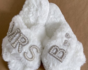 Luxury Fluffy Personalised Slippers | Sparkly Pearl Letters