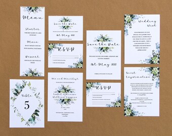 Forfait d'invitation de mariage eucalyptus floral | A5, A6, invitations personnalisées, RSVP, Réservez les dates, Cartes d'information, Menus