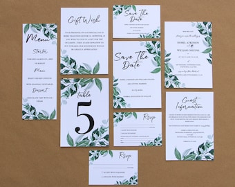 Forfait d'invitation de mariage botanique | A5, A6, invitations personnalisées avec des détails botaniques verts