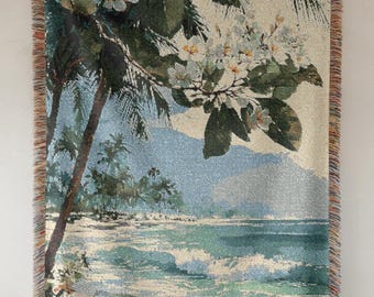 Hawaiian Plumeria Flower Woven Blanket: Tropical Beach Landscape Loom Weave Fringe Bed Blanket Tapestry Gift
