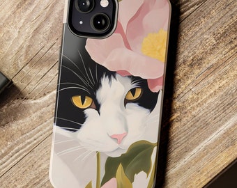 Tuxedo Cat Phone Case, Pink Flower Art Glossy, Tough Case for iPhone 14, 13, 12, 11  - Wireless Charging Compatible
