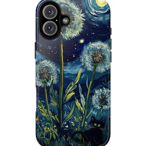 Black Cat Phone Case Van Gogh Dandelion Painting iPhone 16,15,14,13,12,11 Samsung  S24,S23,S22,S21,S20 Starry Night Cat Phone Case