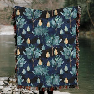 Teal Blue Woven Blanket Pear Tree Tapestry Artistic Throw Soft Cozy Bedspread Decorative Home Decor