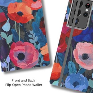 Funda tipo cartera para iPhone Samsung con diseño de amapolas, soporte, tarjetero y cierre plegable con estampado floral personalizado.