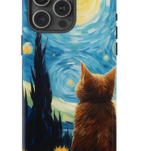 Van Gogh Cat Starry Sky Phone Case for iPhone 15-11, Samsung Galaxy S23-S20 & Google Pixel 7-5, Star Loving Tabby Cat
