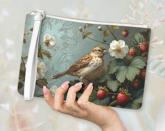 Strawberry Bird Clutch Bag | William Morris Art Aesthetic | Travel Passport Wristlet | Vegan Leather Purse