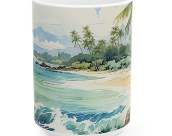 Vintage Hawaii Coffee Mug: Tropical Beach Art Ceramic Mug