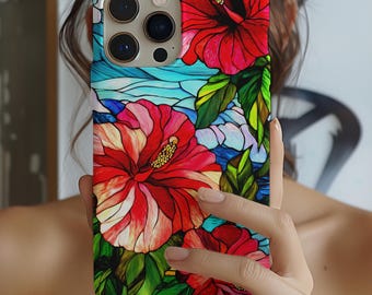 Red Hibiscus Stained Glass Phone Case Tropical Hawaii Flower Cover iPhone 17 - 11 Samsung, Pixel