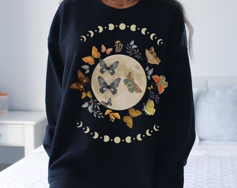 Moon Phase Sweatshirt with Butterfly Botanical Design
