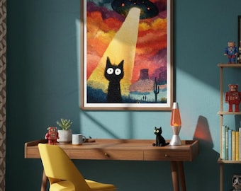 Black Cat UFO Art Print, Alien Abduction Cat Poster, Funny Space Animal Wall Decor, Retro Sci-Fi Desert Landscape