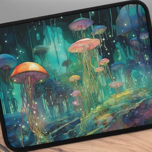 May include: A laptop sleeve with a colorful, abstract design featuring glowing jellyfish-like mushrooms in a forest setting. The background is a dark blue with green and purple accents.