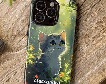Kawaii Cat Phone Case, Personalized Cute Gray Cat Phone Cover, Forest Kitten iPhone 17 - 11, Samsung S26 - S21, Pixel 9