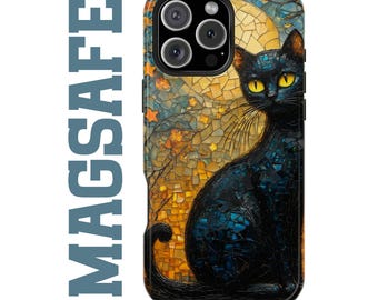Black Cat Stained Glass Mosaic iPhone MagSafe Case Moon & Stars Tough Protective Cover