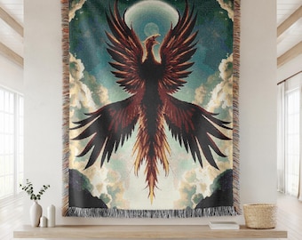 Phoenix Rising Cotton Woven Blanket: Fantasy Fire Bird Tapestry