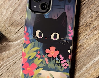 Kawaii Black Cat iPhone Tough Case, Cute Floral Kitty iPhone Case  iPhone 17 - 11 Samsung S26 - S20, Supports Wireless Charging