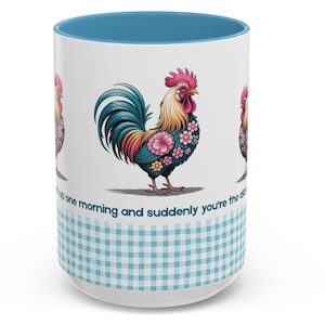 Rooster Coffee Mug, Ranch Kitchen Chicken Mug, Gingham Country Cup, Funny Floral Rooster Gift for Chicken Lovers, Farm Animal Coffee Humor