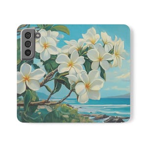 Plumeria Beach Wallet Flip-Open Phone Case iPhones 16 15 14 13 12 11 Samsung S25 S24 S23 S22 S21 Vintage Hawaii Card Folio Stand Phone Cover