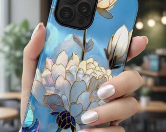 Gebrandschilderd glas bloem telefoonhoesje, iPhone 17, 16 15 14 13 12 Pro Max, S25 S24 S23 S22 S21 Ultra, cadeau voor haar
