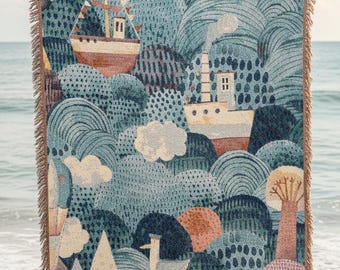 Whimsical Waterfront Woven Blanket Coastal Ships Cottagecore Tapestry Teal, Blue Throw Blanket