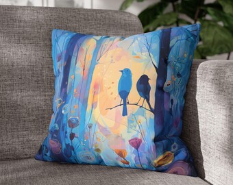 Bird Pillow Cover, Soft Faux Suede Zip On Cover, Teal Blue Forest Accent Pillow