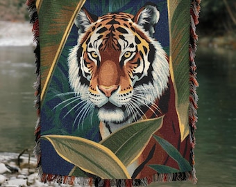 Tiger Woven Cotton Blanket: Jungle Tapestry, Wild Animal Exotic Home Decor, Custom Art Loom Fringe Throw