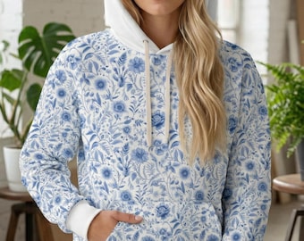 Blauer Toile Floral All Over Print Hoodie, Chinoiserie inspiriert Pullover, künstlerisches ästhetisches Sweatshirt