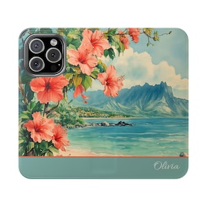 Funda de teléfono personalizada con billetera y diseño de playa de hibisco, funda abatible tipo folio para iPhone y Samsung, tarjetero y soporte