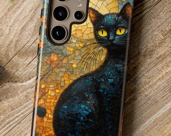 Stunning Moon Cat Stained Glass Style Phone Case - iPhone 17 - 11, Samsung S26 - S21, Mosaic Glass Look Gothic Cat Cell Phone Cover