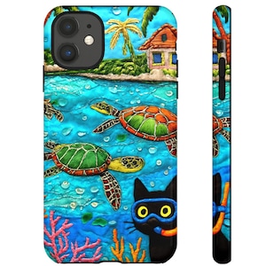May include: A phone case featuring a vibrant underwater scene. The design includes sea turtles, a black cat wearing a snorkel, coral, and a small house on an island with palm trees. The case is blue, green, orange, and black.