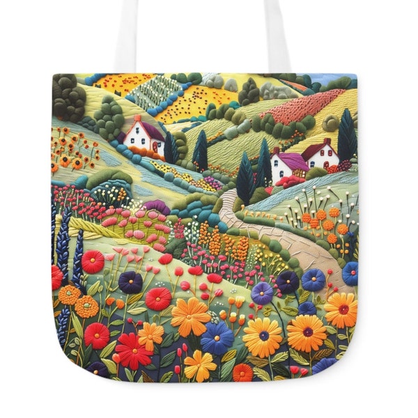 Tote Bag Embroidered Style Whimsical Village Flowers Travel Tote 3 Sizes Needlework Aesthetic