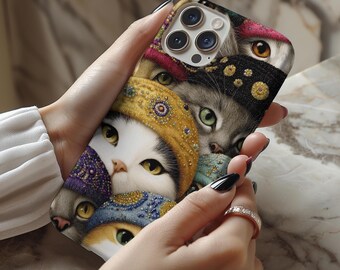 Cat Hats Phone Case for iPhone, Samsung Galaxy, Pixel, Cute Aesthetic Kitty Art Meme Cover, Funny Cat Mom Gift