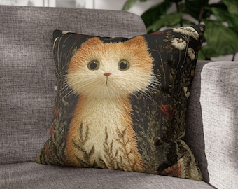 May include: Square throw pillow featuring a whimsical illustration of a ginger cat with large, expressive eyes. The cat is set against a dark background with floral and plant elements. The pillow is placed on a gray sofa.