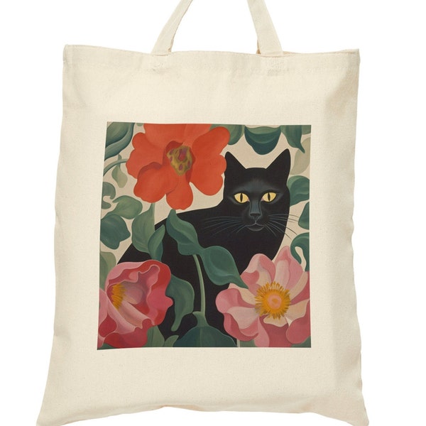 Black Cat in Flowers Fine Art Tote - Cute Pet Tote, Shopping Bag, Travel Bag, School Book Carry-All Tote