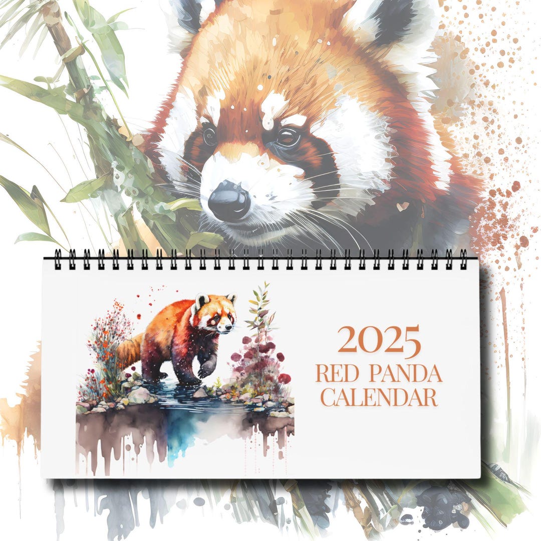 2025 Red Panda Desk Calendar, Watercolor Red Panda Wildlife Scenery ...