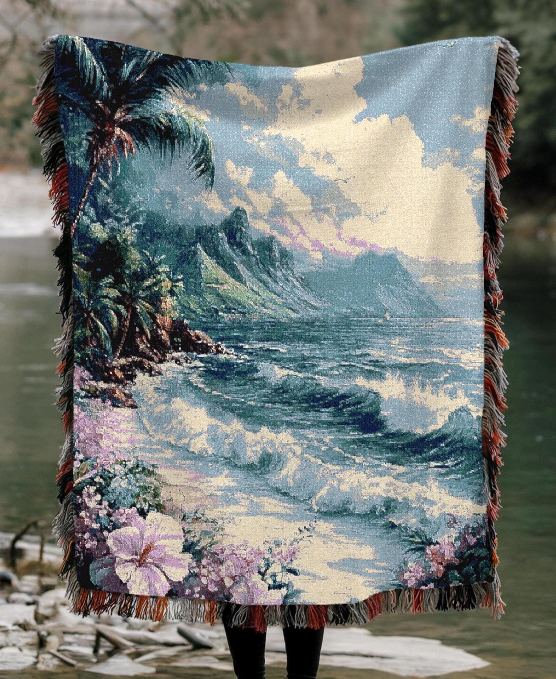 Hawaiian Beach Woven Blanket: Tropical Island Tapestry, Vintage