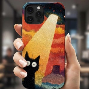 Black Cat UFO Phone Case, Alien Abduction Cat Cover, Retro Sci-Fi Cat Desert Phone Case, for iPhone, Samsung Galaxy