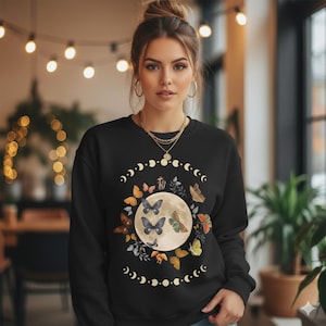 Celestial Moon BlackSweatshirt, Butterfly Gypsy Moth Pullover, Mystical Moon Phase Cottagecore Jumper