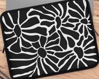 Black and White Floral Laptop Sleeve: Graphic Flower Art Protective Case