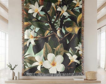 Plumeria Bird Woven Cotton Blanket: Tropical Island Tapestry, Hawaiian Flower Fringe Blanket