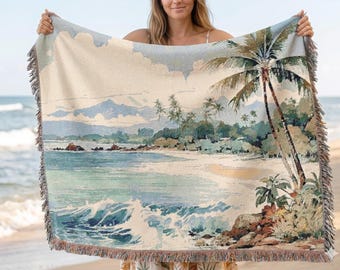 Vintage Hawaiian Woven Blanket: Tropical Landscape Art Heirloom Fringe Tapestry