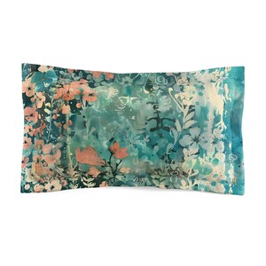 May include: A rectangular pillowcase featuring a vibrant abstract floral pattern in shades of teal, turquoise, and soft peach. The design includes layered botanical silhouettes, delicate flower outlines, and splattered paint effects across the fabric.