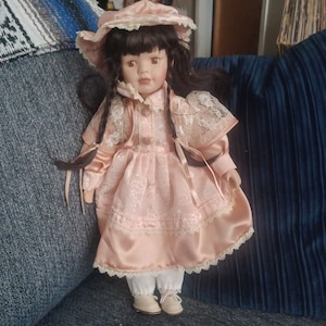 Vintage 1990s Porcelain Doll Dark Brown Hair Brown Eyes Braids