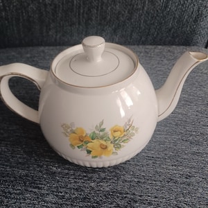 Vintage Ellgreave Wood & Sons Genuine Ironstone Teapot Yellow Flowers Gold Trim
