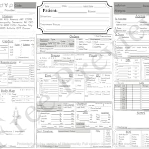May include: A black and white medical chart form with headings for patient information, history, orders, vitals, and labs. The form includes sections for cardiac, respiratory, neuro, GI, GU, and ADLs.