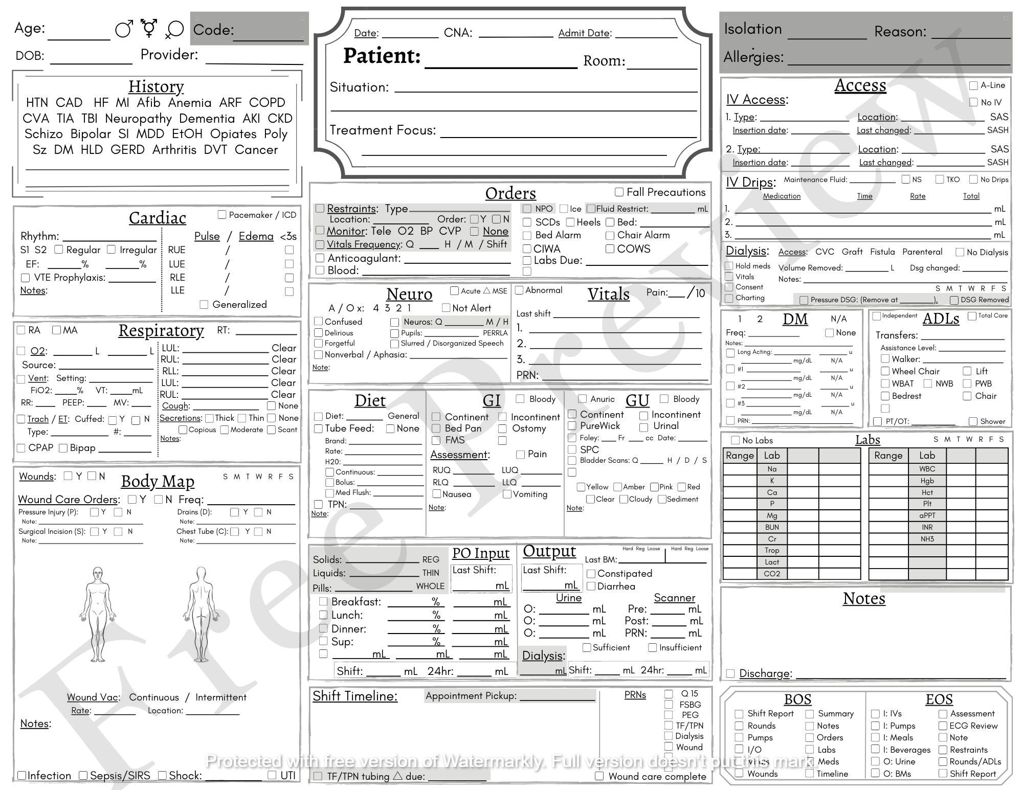 Single Patient Nurse Report Sheet for ICU or LTACH - Etsy