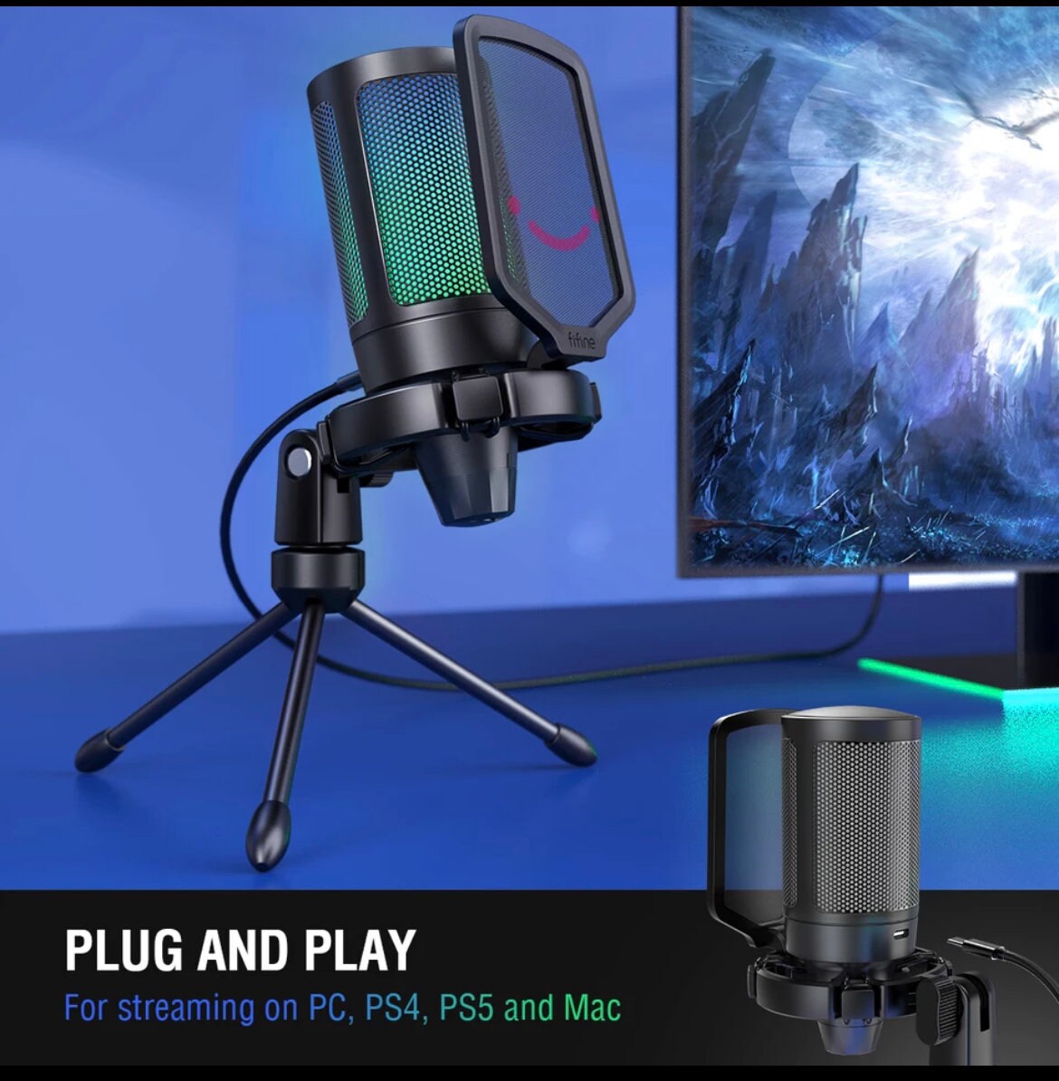 FIFINE-Microphone USB Ampligame pour jeux en streaming, avec
