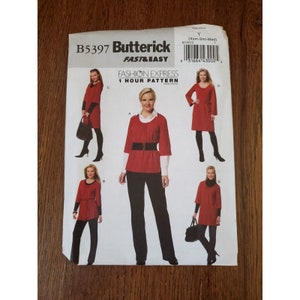 May include: A sewing pattern for a red top and pants. The pattern is from Butterick and is called "Fashion Express 1 Hour Pattern". The pattern number is B5397.