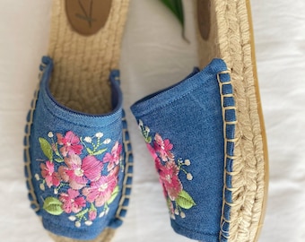Handmade Embroidered Denim Sandals: Jute Platform Eco-Friendly Slides