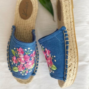 Handmade Embroidered Denim Sandals: Jute Platform Eco-Friendly Slides