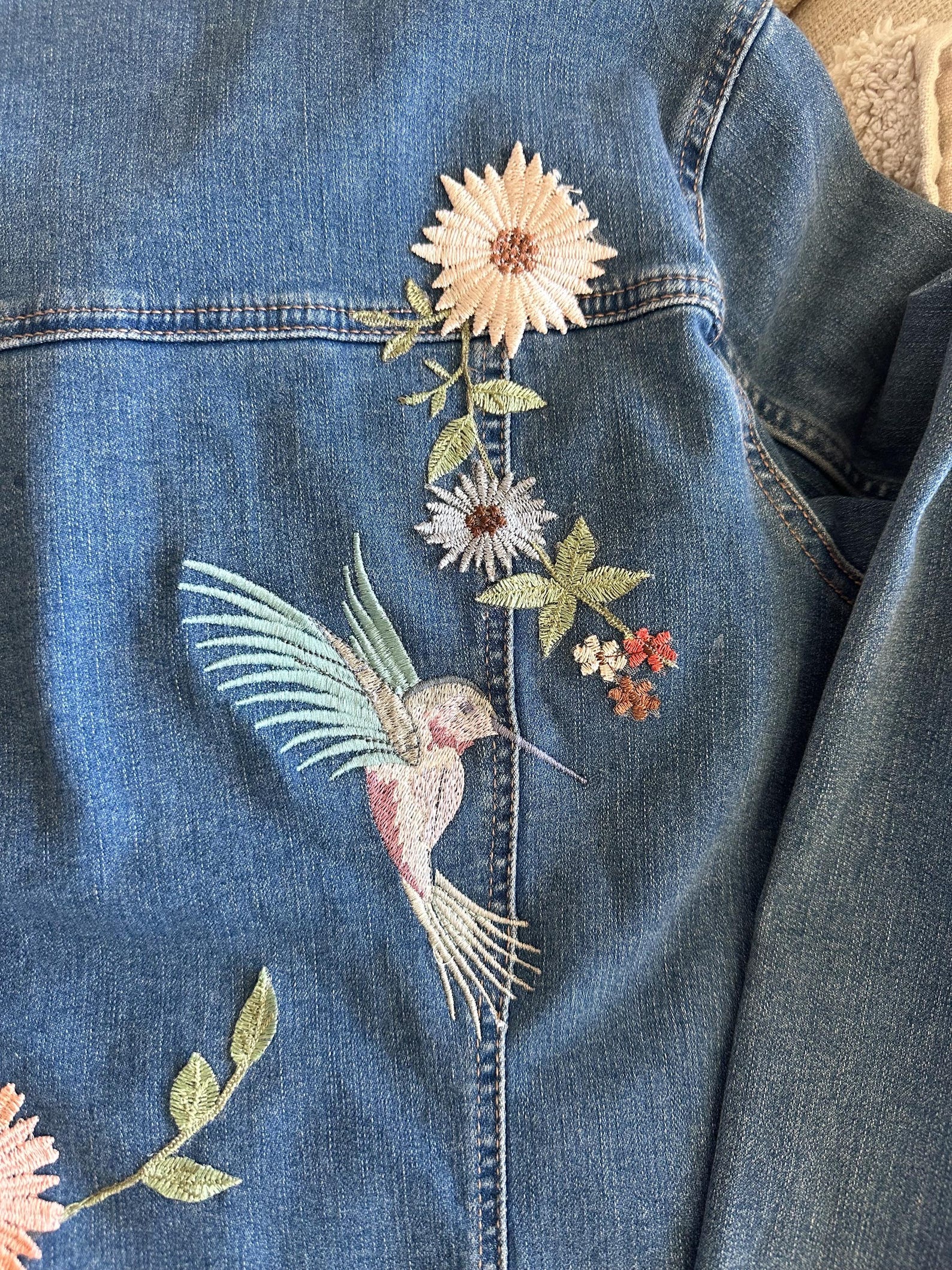 Boho Embroidered Denim Jacket: Handmade Hummingbird Floral Jean Jacket ...